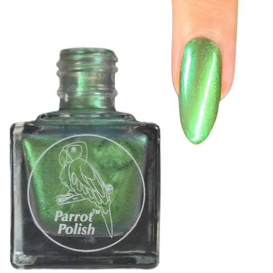Parrot Polish Green Eyed Lady 60s Shimmer Nail Lacquer Green/Gold Shimmer